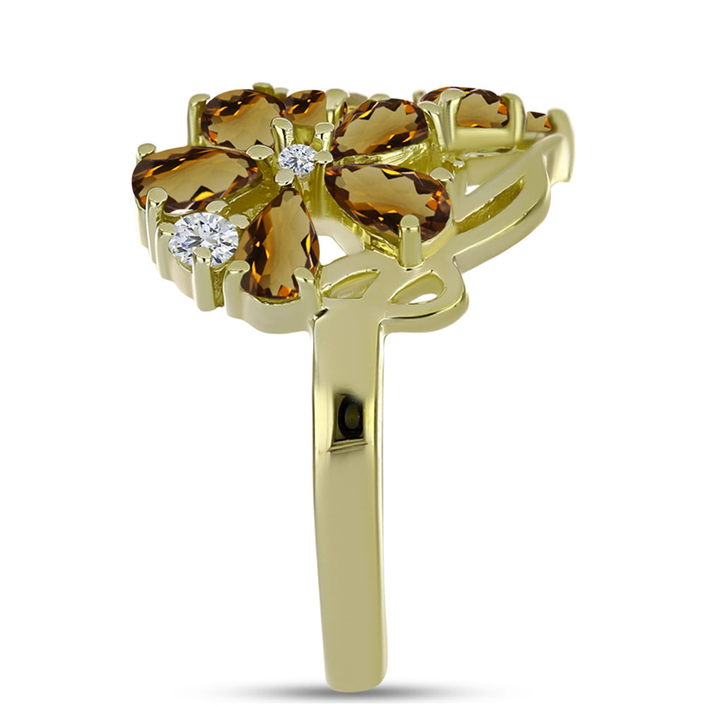 Inel din Argint 925 Placat cu Aur ( 4.44 grame ) cu Cuarț Coniac și Topaz Alb 2.09 Carate