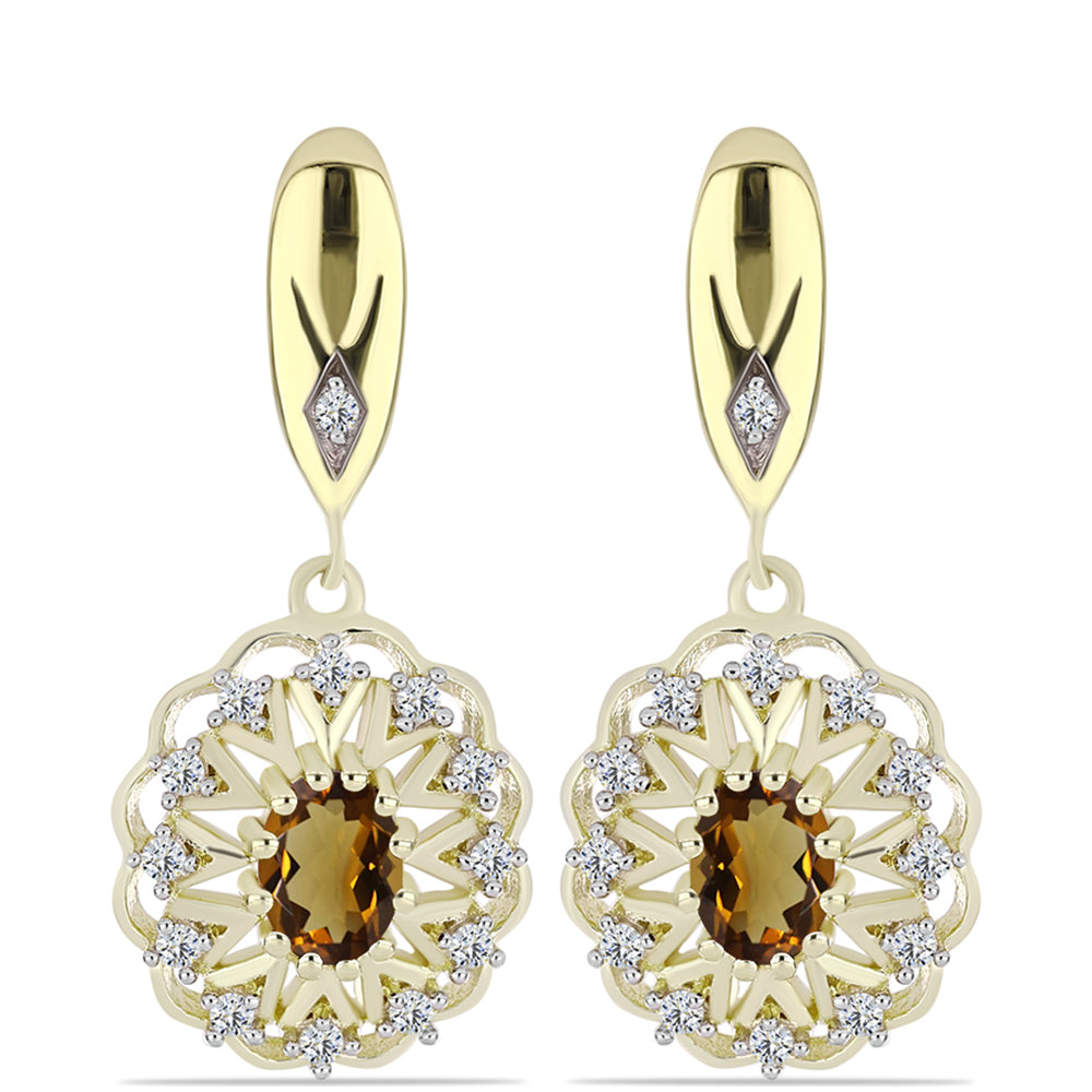 Cercei din Argint 925 Placat cu Aur ( 8 grame ) cu Cuarț Coniac și Topaz Alb 1.88 Carate