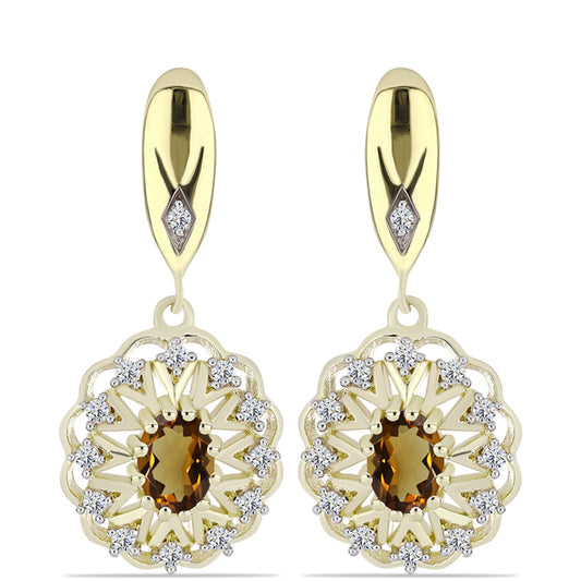 Cercei din Argint 925 Placat cu Aur ( 8 grame ) cu Cuarț Coniac și Topaz Alb 1.88 Carate