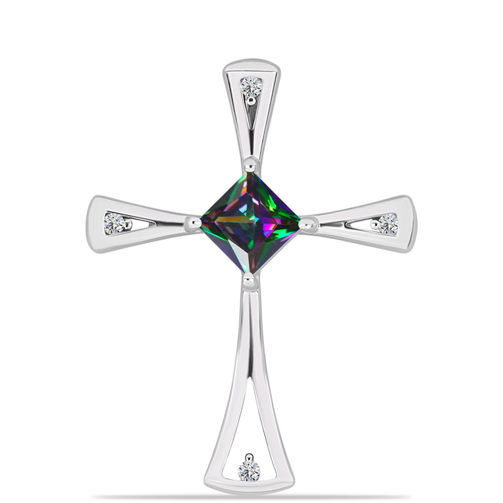 Cruce Pandantiv din Argint 925 ( 3.29 grame ) cu Cuarț Mistic Verde Brazilian și Topaz Alb 1.06 Carate 1 