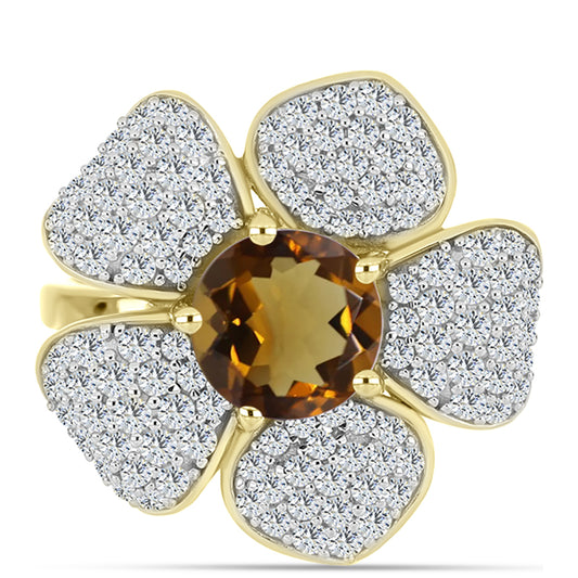 Inel din Argint 925 Placat cu Aur ( 4.95 grame ) cu Cuarț Coniac și Topaz Alb 2.88 Carate