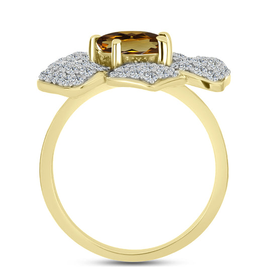 Inel din Argint 925 Placat cu Aur ( 4.95 grame ) cu Cuarț Coniac și Topaz Alb 2.88 Carate