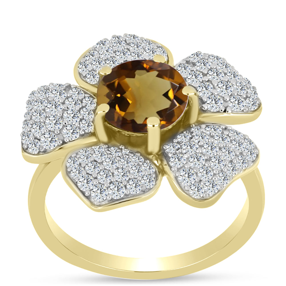 Inel din Argint 925 Placat cu Aur ( 4.95 grame ) cu Cuarț Coniac și Topaz Alb 2.88 Carate 3 