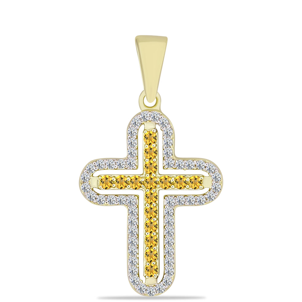 Cruce Pandantiv din Argint 925 Placat cu Aur ( 1.6 grame ) cu Cuarț Coniac și Topaz Alb 0.57 Carate