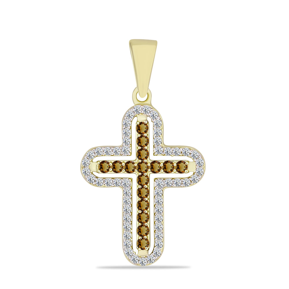 Cruce Pandantiv din Argint 925 Placat cu Aur ( 1.6 grame ) cu Cuarț Coniac și Topaz Alb 0.57 Carate 3 