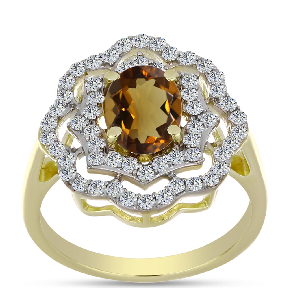 Inel din Argint 925 Placat cu Aur ( 3.08 grame ) cu Cuarț Coniac și Topaz Alb 1.58 Carate