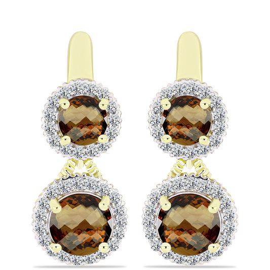 Cercei din Argint 925 Placat cu Aur ( 6.31 grame ) cu Cuarț Coniac și Topaz Alb 6.02 Carate