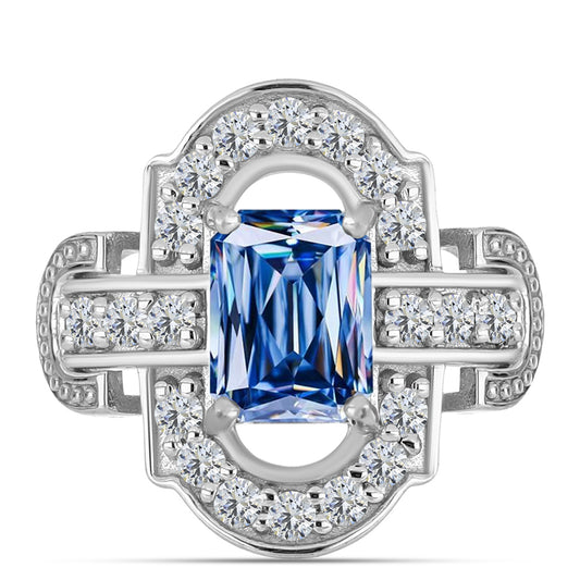 Inel din Argint 925 ( 4.34 grame ) cu Moissanite Albastru Oceanic și Topaz Alb 2.19 Carate