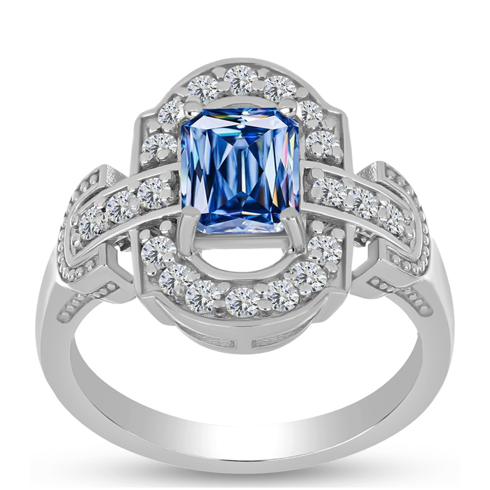 Inel din Argint 925 ( 4.34 grame ) cu Moissanite Albastru Oceanic și Topaz Alb 2.19 Carate 3 