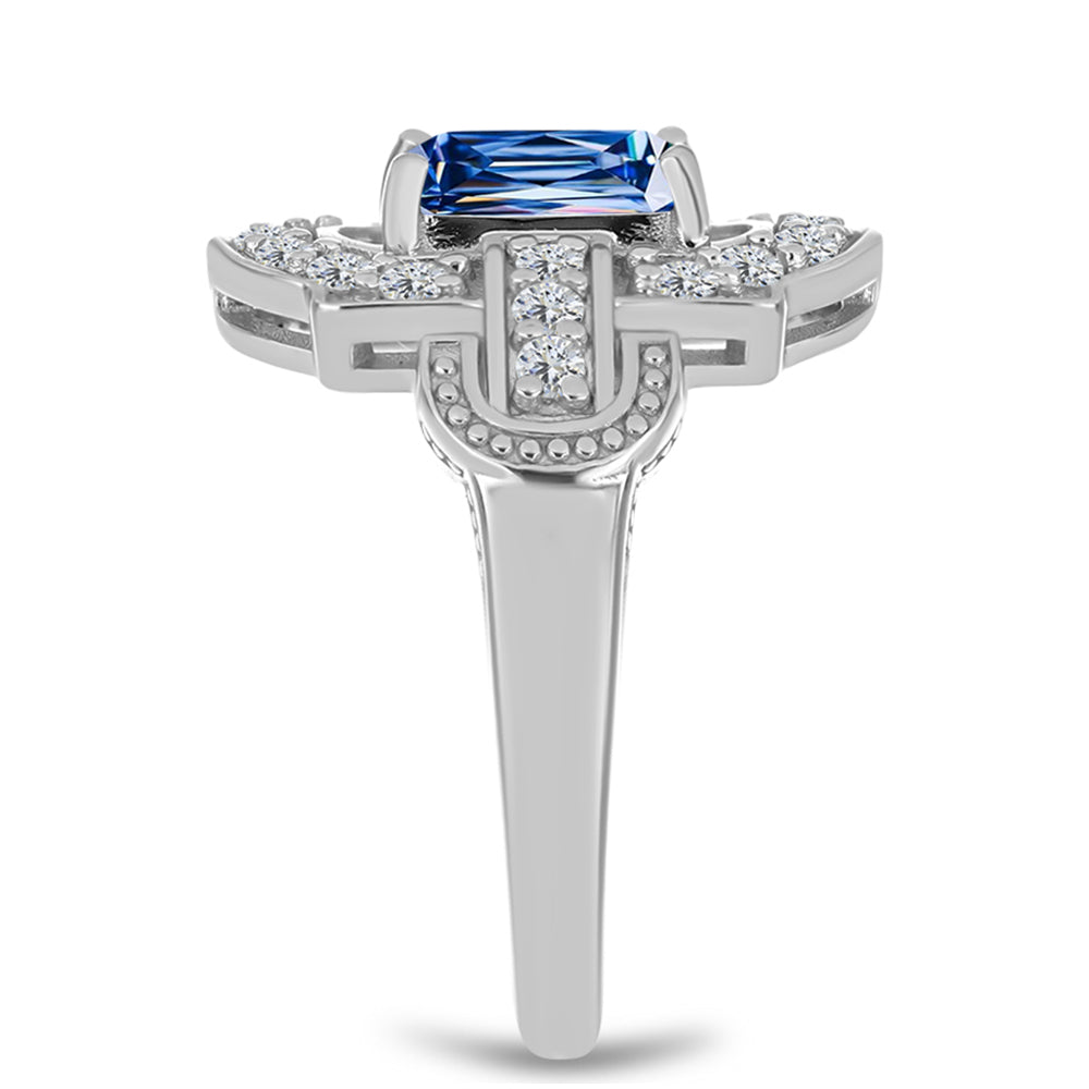 Inel din Argint 925 ( 4.34 grame ) cu Moissanite Albastru Oceanic și Topaz Alb 2.19 Carate 4 