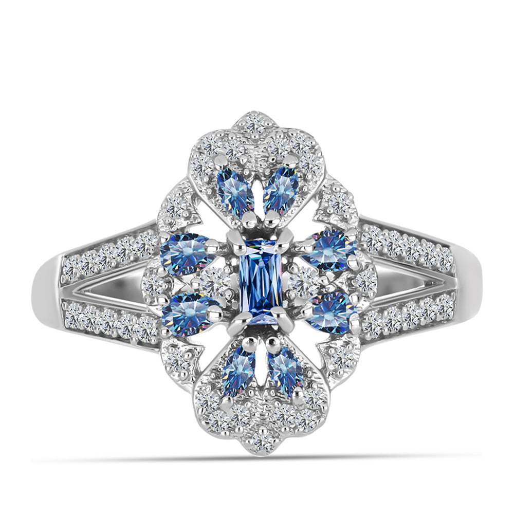 Inel din Argint 925 ( 3.54 grame ) cu Moissanite Albastru Oceanic și Topaz Alb 0.73 Carate 1 