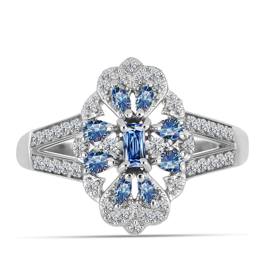 Inel din Argint 925 ( 3.54 grame ) cu Moissanite Albastru Oceanic și Topaz Alb 0.73 Carate