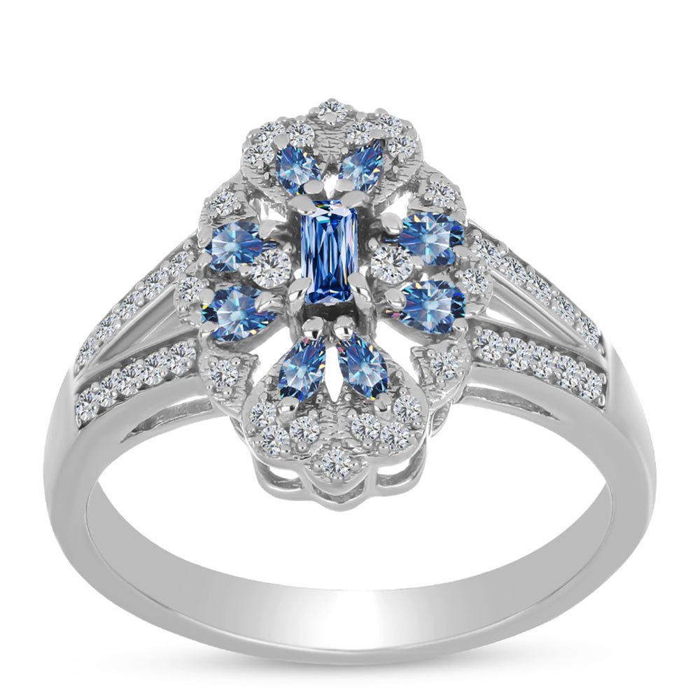 Inel din Argint 925 ( 3.54 grame ) cu Moissanite Albastru Oceanic și Topaz Alb 0.73 Carate 3 