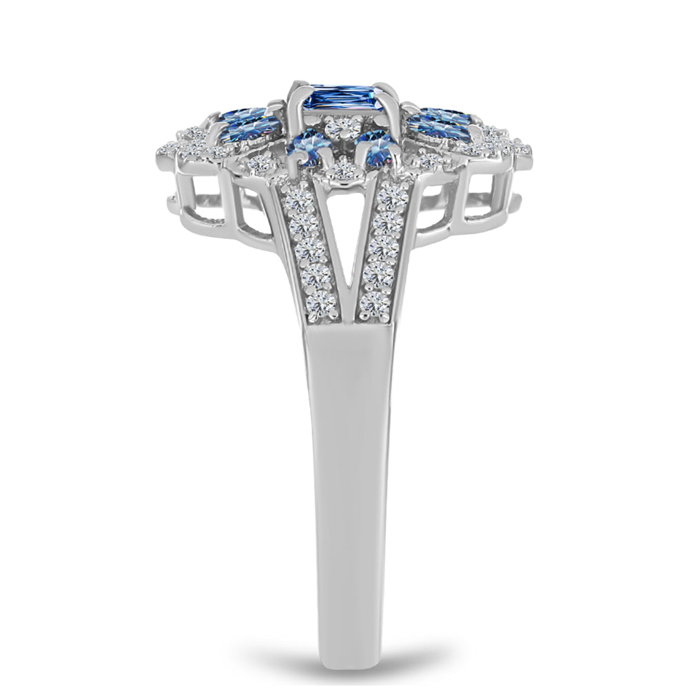 Inel din Argint 925 ( 3.54 grame ) cu Moissanite Albastru Oceanic și Topaz Alb 0.73 Carate
