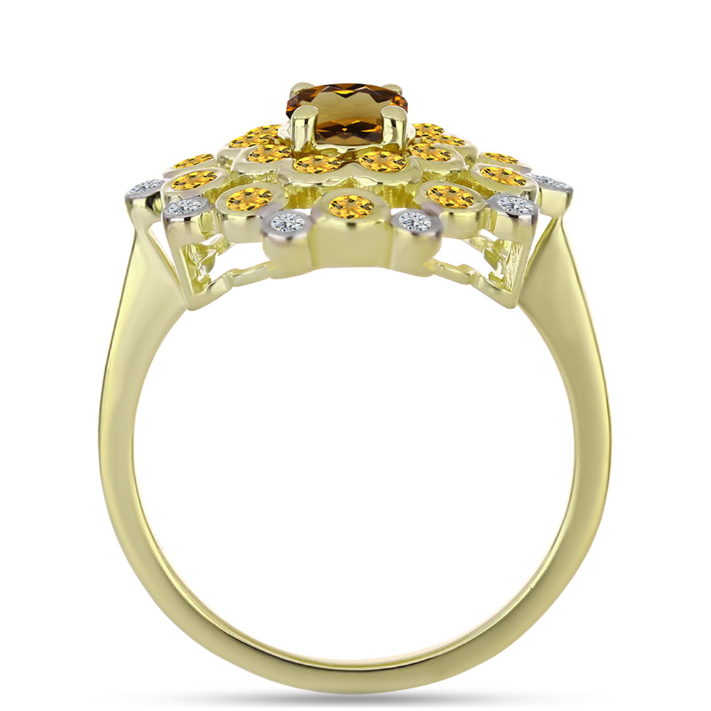 Inel din Argint 925 Placat cu Aur ( 4.22 grame ) cu Cuarț Coniac și Topaz Alb 1.52 Carate