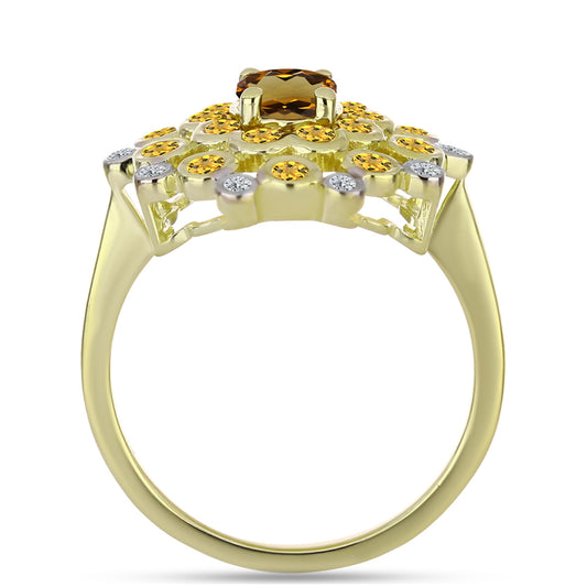 Inel din Argint 925 Placat cu Aur ( 4.22 grame ) cu Cuarț Coniac și Topaz Alb 1.52 Carate