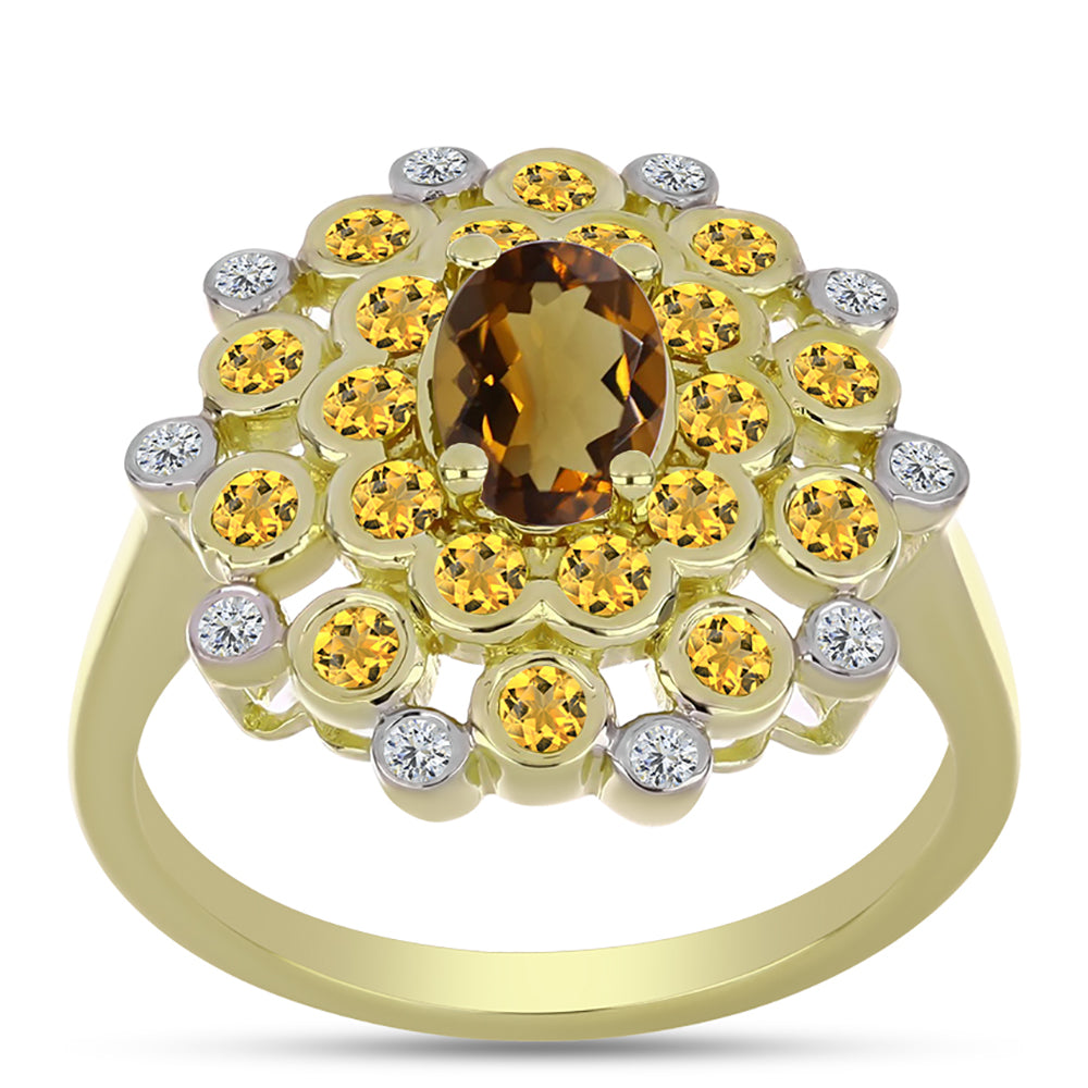 Inel din Argint 925 Placat cu Aur ( 4.22 grame ) cu Cuarț Coniac și Topaz Alb 1.52 Carate