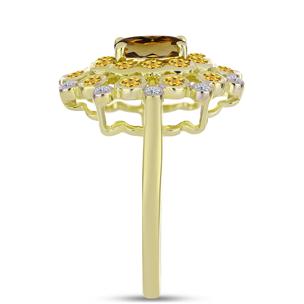 Inel din Argint 925 Placat cu Aur ( 4.22 grame ) cu Cuarț Coniac și Topaz Alb 1.52 Carate 4 