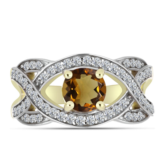 Inel din Argint 925 Placat cu Aur ( 3.34 grame ) cu Cuarț Coniac și Topaz Alb 1.41 Carate