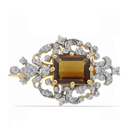 Broşă din Argint 925 Placat cu Aur ( 3.87 grame ) cu Cuarț Coniac și Topaz Alb 3.24 Carate