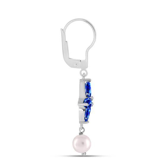 Cercei din Argint 925 ( 2.51 grame ) cu Safir Albastru Australian și Perlă de Apă Dulce Albă 5.55 Carate