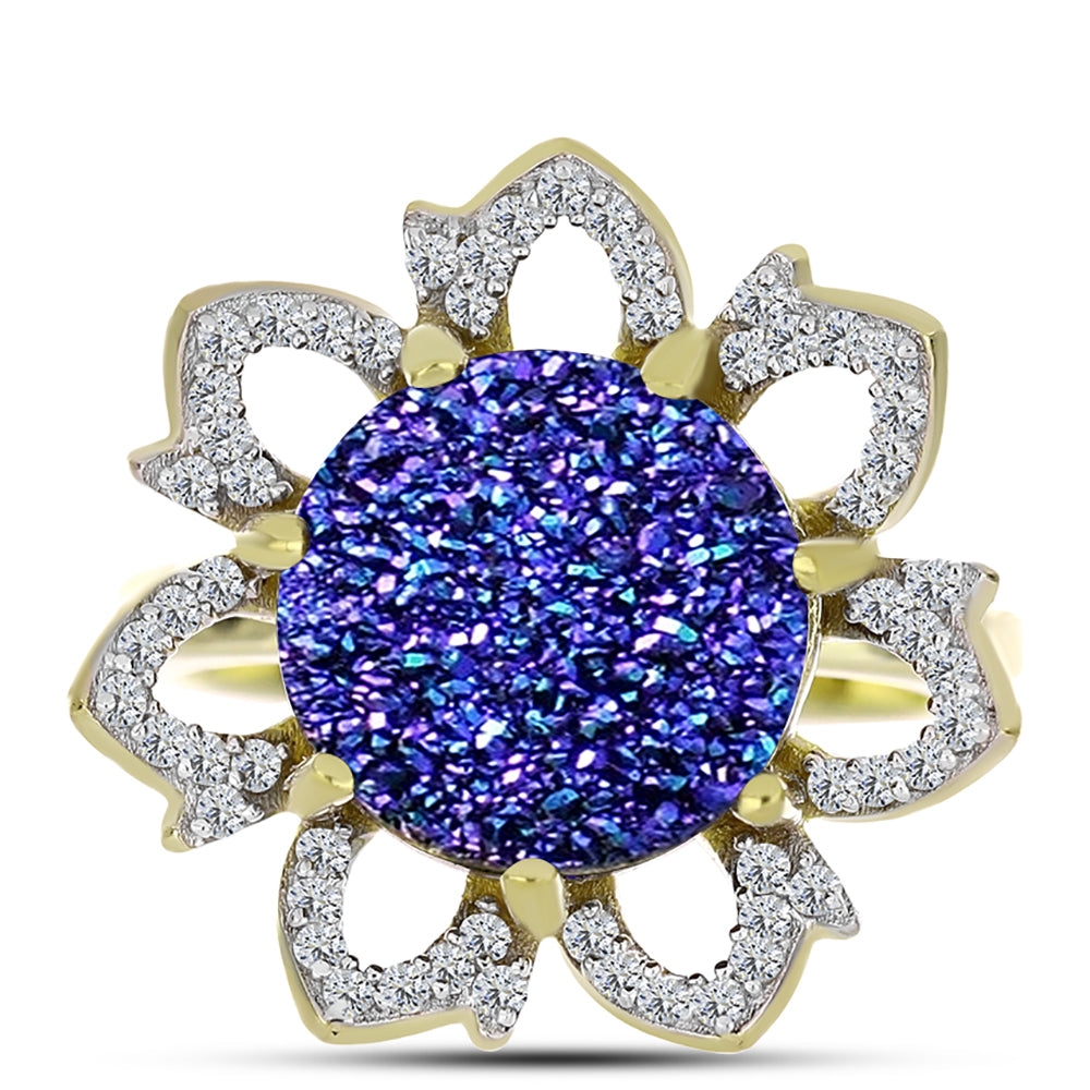 Inel din Argint 925 Placat cu Aur ( 5.56 grame ) cu Drusă Violet și Topaz Alb 6.04 Carate 1 