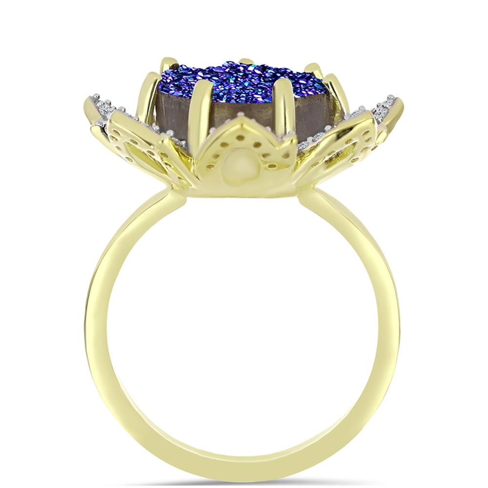 Inel din Argint 925 Placat cu Aur ( 5.56 grame ) cu Drusă Violet și Topaz Alb 6.04 Carate