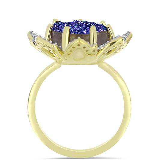 Inel din Argint 925 Placat cu Aur ( 5.56 grame ) cu Drusă Violet și Topaz Alb 6.04 Carate