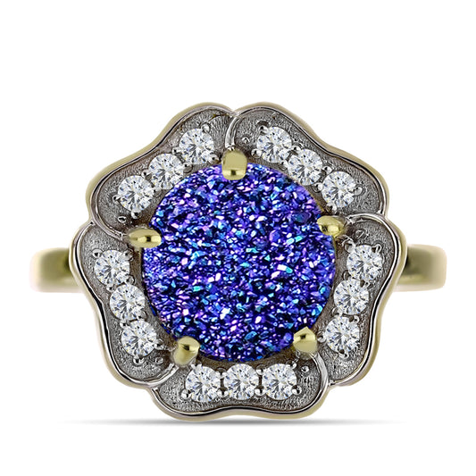 Inel din Argint 925 Placat cu Aur ( 4.1 grame ) cu Drusă Violet și Topaz Alb 3.94 Carate