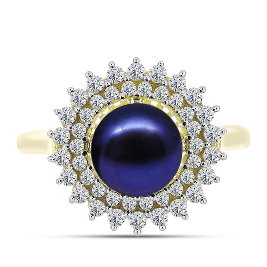 Inel din Argint 925 Placat cu Aur ( 3.63 grame ) cu Perlă de Cultură Neagră și Topaz Alb 3.78 Carate