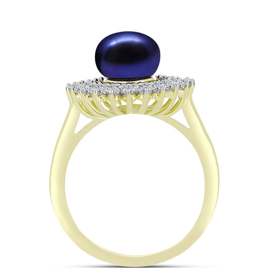 Inel din Argint 925 Placat cu Aur ( 3.63 grame ) cu Perlă de Cultură Neagră și Topaz Alb 3.78 Carate