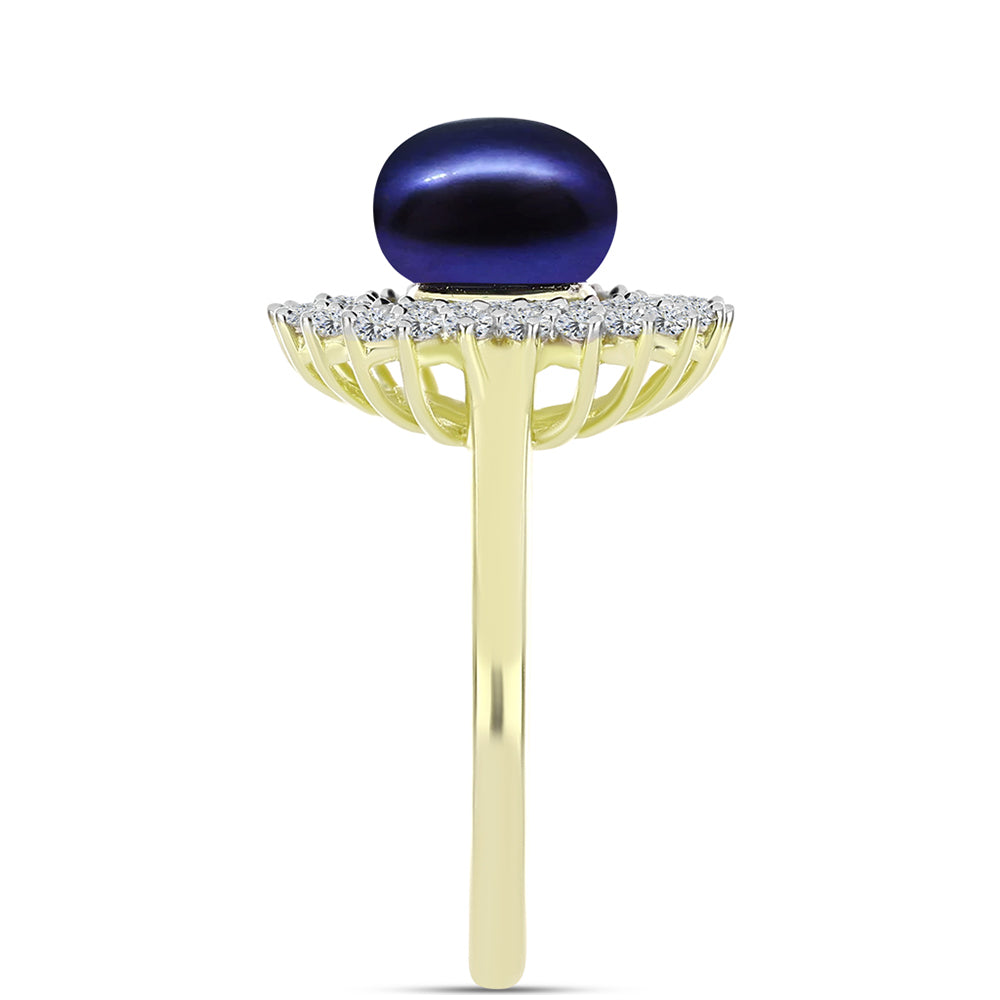 Inel din Argint 925 Placat cu Aur ( 3.63 grame ) cu Perlă de Cultură Neagră și Topaz Alb 3.78 Carate