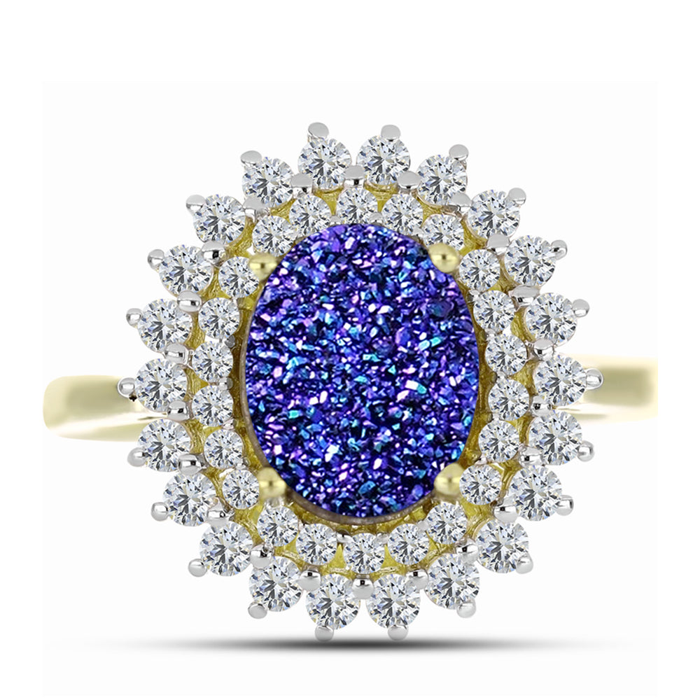 Inel din Argint 925 Placat cu Aur ( 3.57 grame ) cu Drusă Violet și Topaz Alb 3.7 Carate 5 