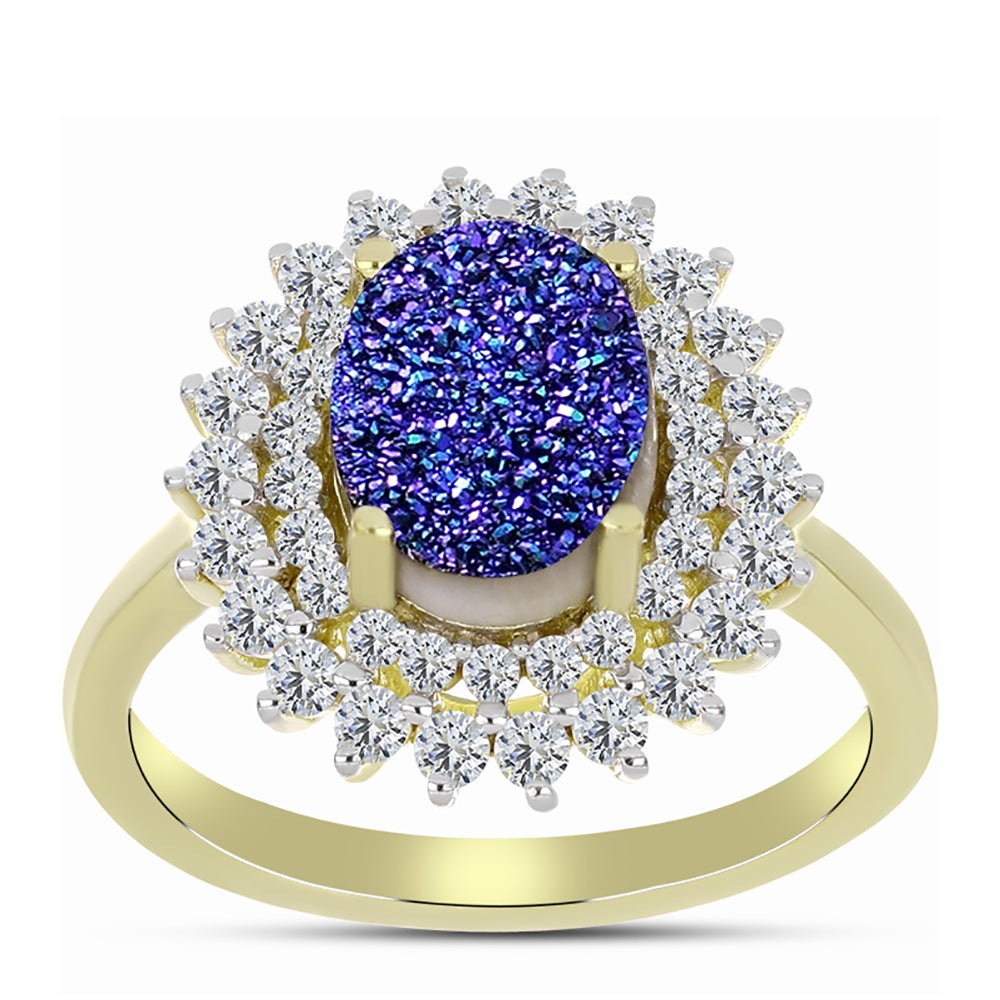 Inel din Argint 925 Placat cu Aur ( 3.57 grame ) cu Drusă Violet și Topaz Alb 3.7 Carate