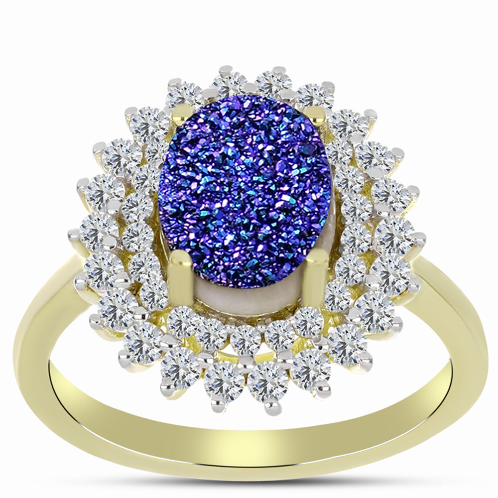 Inel din Argint 925 Placat cu Aur ( 3.57 grame ) cu Drusă Violet și Topaz Alb 3.7 Carate 3 
