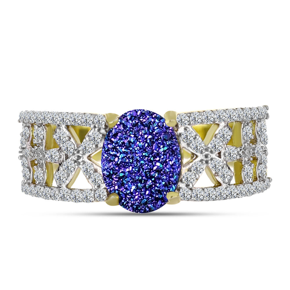 Inel din Argint 925 Placat cu Aur ( 4.49 grame ) cu Drusă Violet și Topaz Alb 2.3 Carate 5 