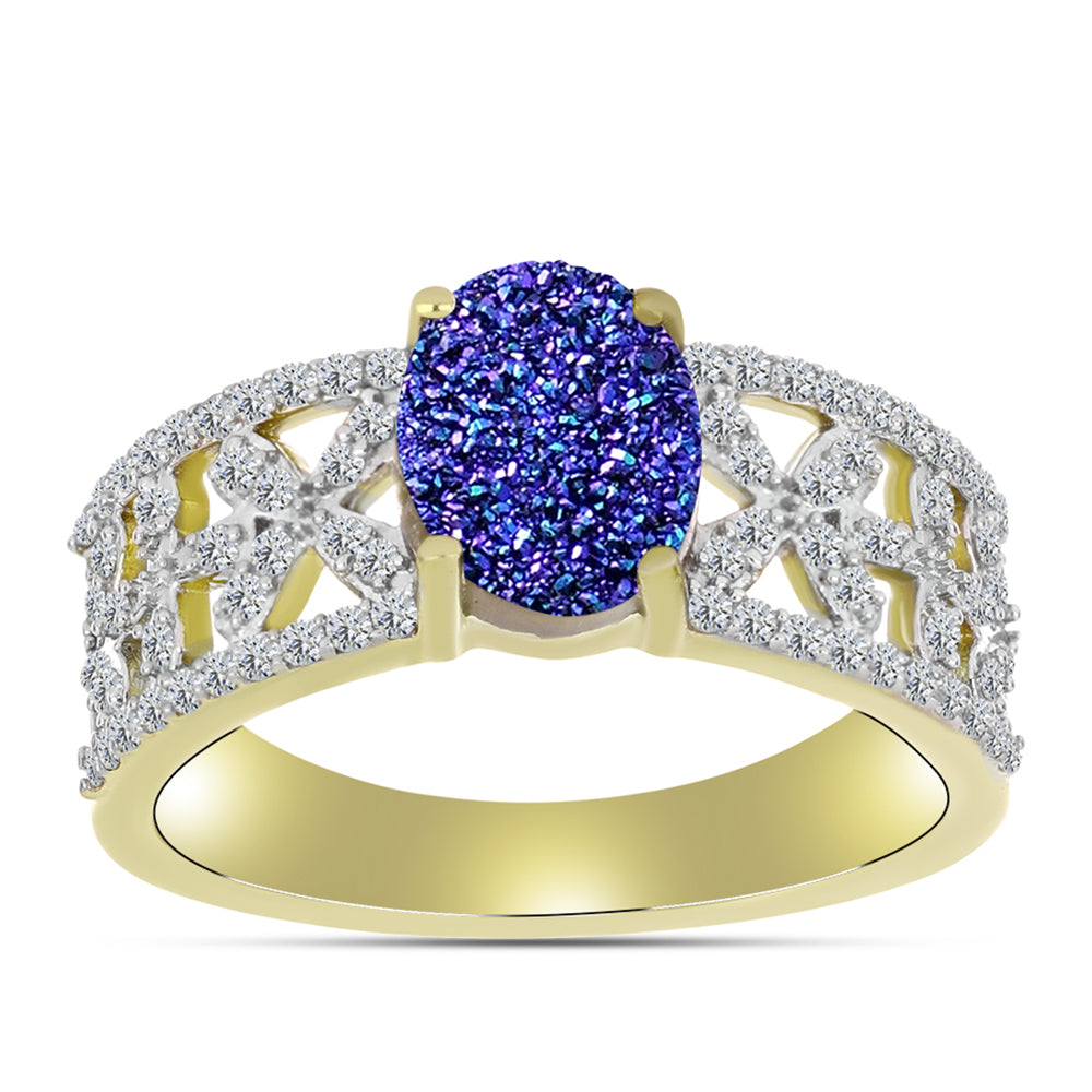 Inel din Argint 925 Placat cu Aur ( 4.49 grame ) cu Drusă Violet și Topaz Alb 2.3 Carate 7 