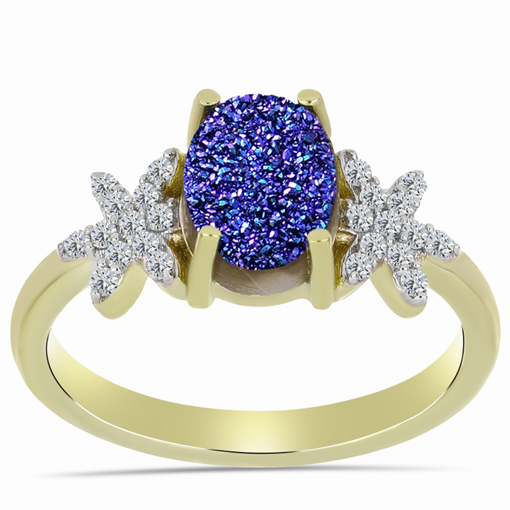 Inel din Argint 925 Placat cu Aur ( 3.15 grame ) cu Drusă Violet și Topaz Alb 1.99 Carate 3 