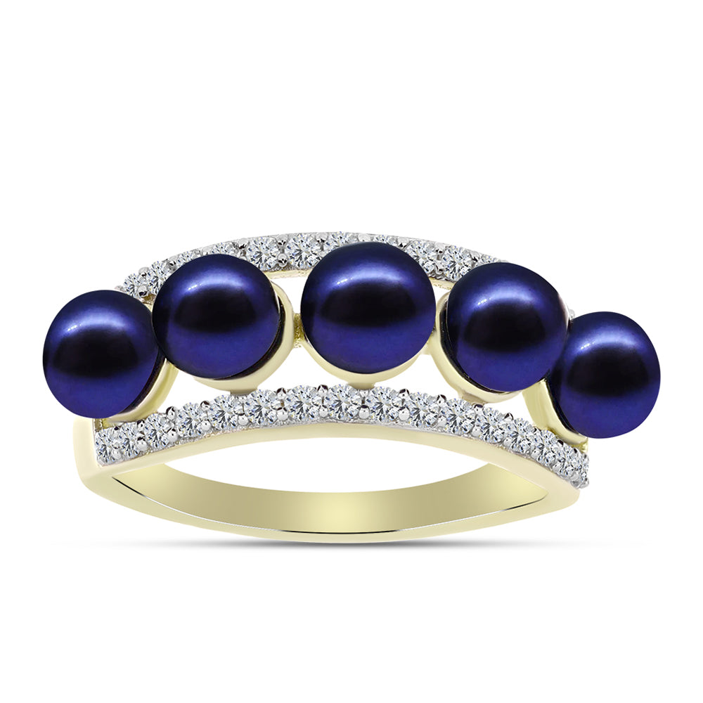 Inel din Argint 925 Placat cu Aur ( 3.38 grame ) cu Perlă de Cultură Neagră și Topaz Alb 5.33 Carate 3 