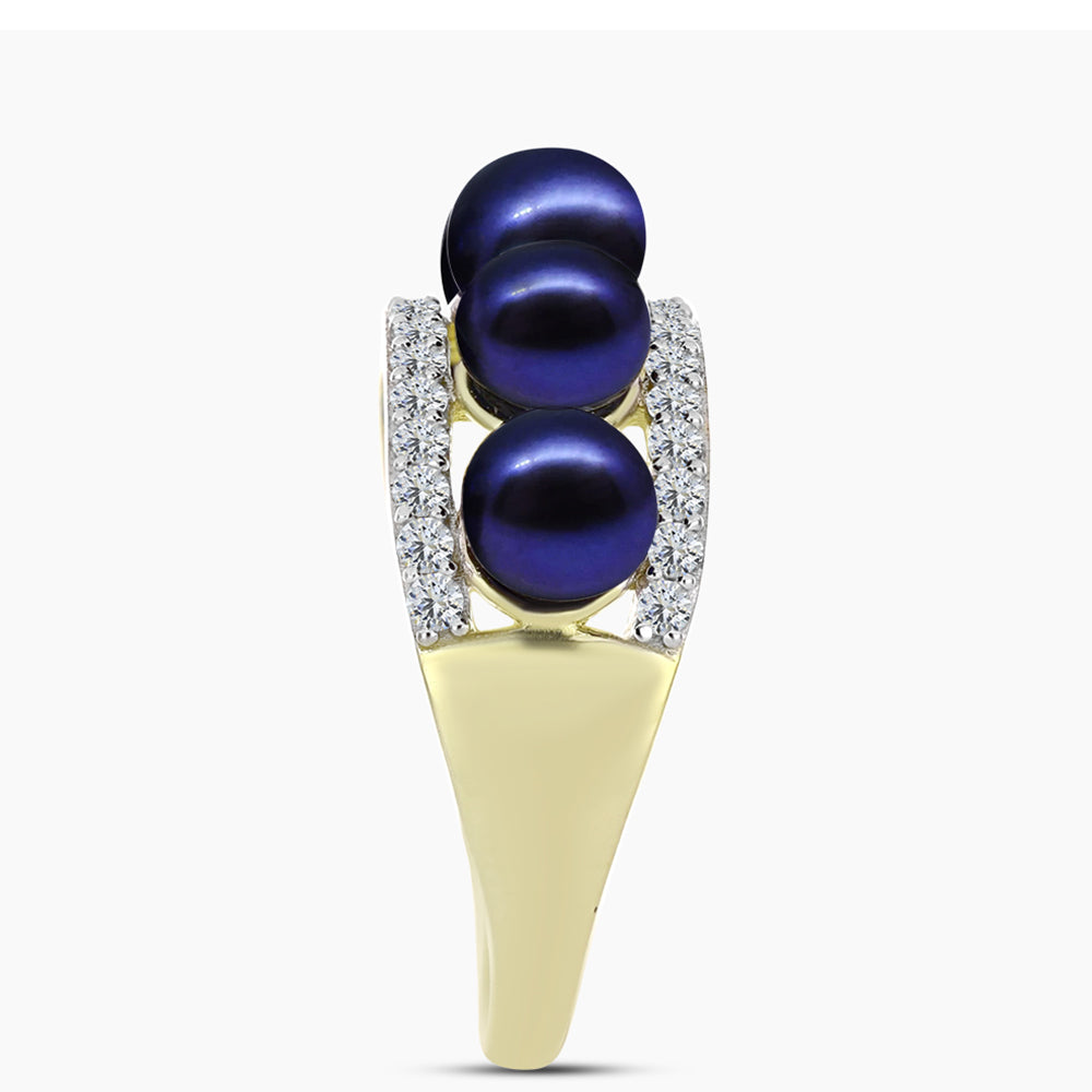 Inel din Argint 925 Placat cu Aur ( 3.38 grame ) cu Perlă de Cultură Neagră și Topaz Alb 5.33 Carate 8 