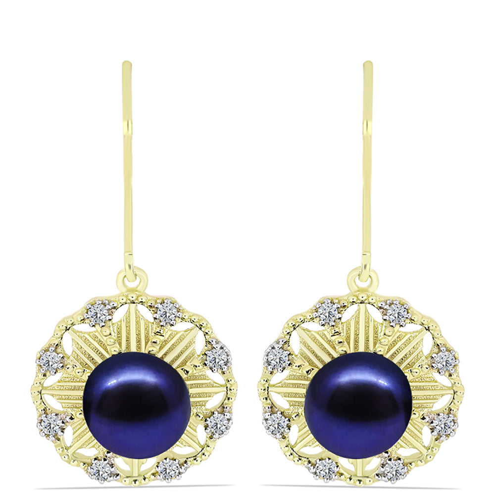 Cercei din Argint 925 Placat cu Aur ( 3.82 grame ) cu Perlă de Cultură Neagră și Topaz Alb 6.43 Carate