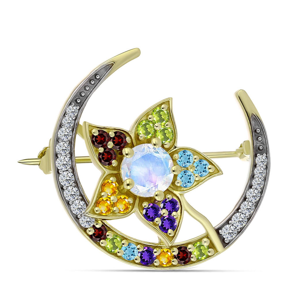 Broşă din Argint 925 Placat cu Aur ( 3.97 grame ) cu Piatra Lunii Curcubeu și Ametist Marocan 2.03 Carate 3 
