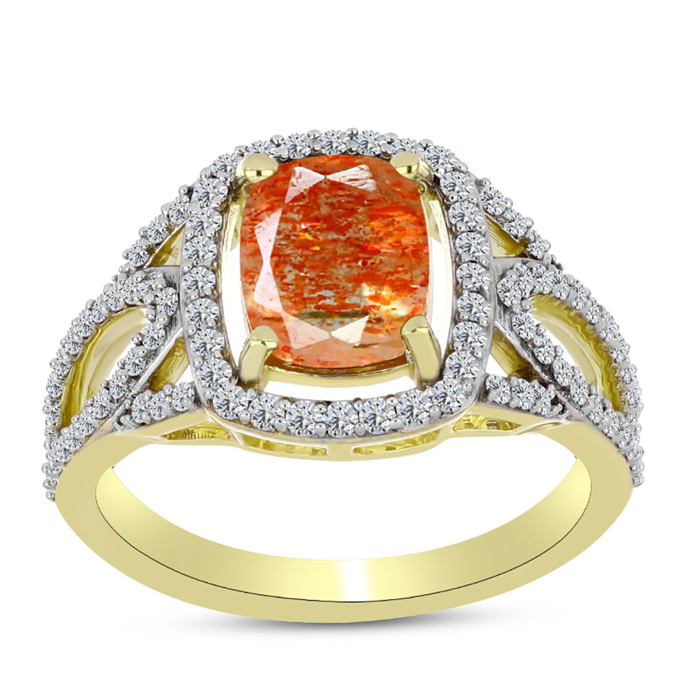 Inel din Argint 925 Placat cu Aur ( 3.55 grame ) cu Piatra Soarelui Oregon și Topaz Alb 2.19 Carate 3 