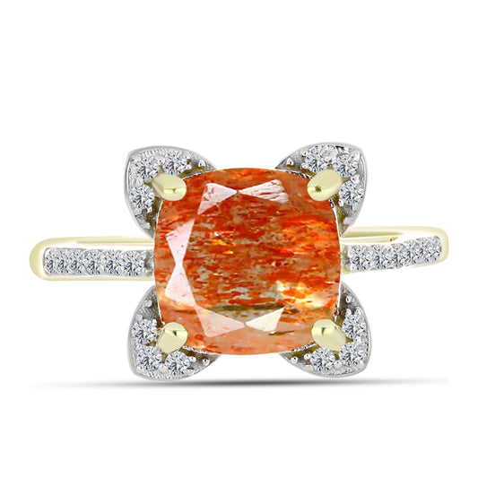 Inel din Argint 925 Placat cu Aur ( 2.89 grame ) cu Piatra Soarelui Oregon și Topaz Alb 2.64 Carate