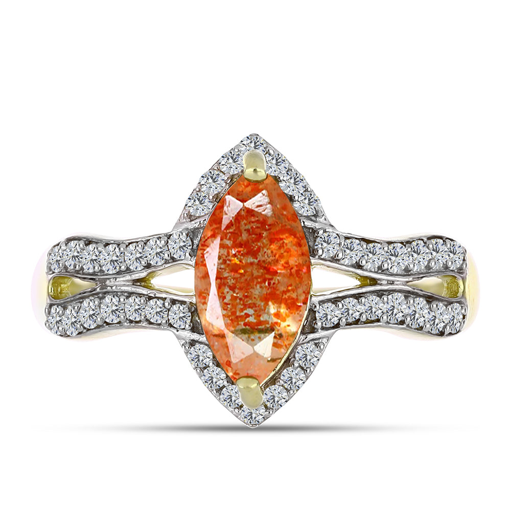 Inel din Argint 925 Placat cu Aur ( 3.58 grame ) cu Piatra Soarelui Oregon și Topaz Alb 1.96 Carate