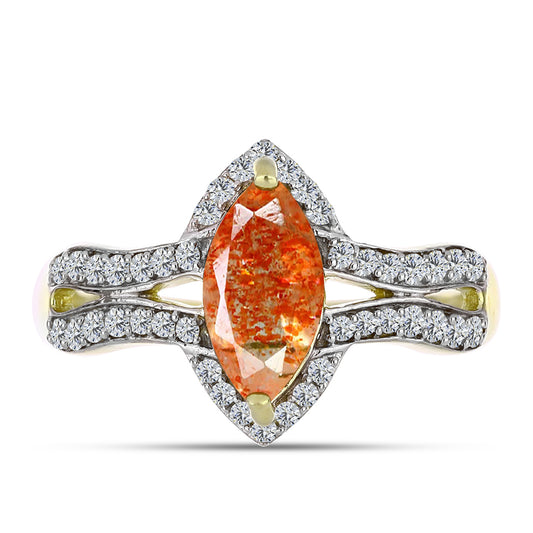 Inel din Argint 925 Placat cu Aur ( 3.58 grame ) cu Piatra Soarelui Oregon și Topaz Alb 1.96 Carate