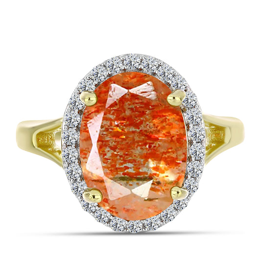 Inel din Argint 925 Placat cu Aur ( 3.49 grame ) cu Piatra Soarelui Oregon și Topaz Alb 4.42 Carate
