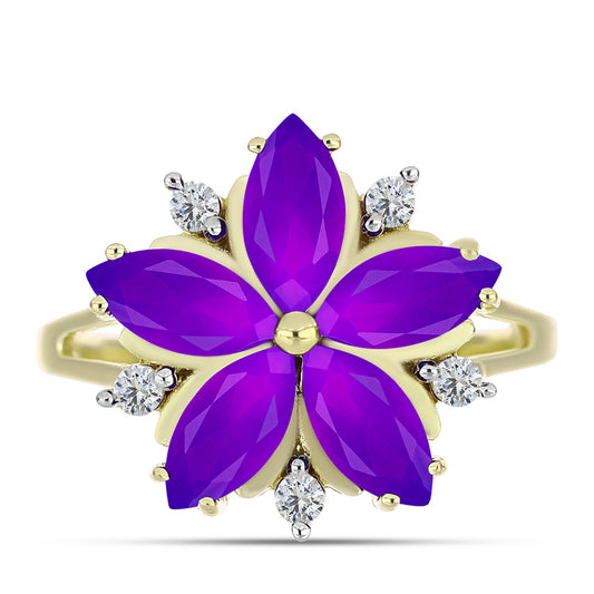 Inel din Argint 925 Placat cu Aur ( 3.36 grame ) cu Agat Violet și Topaz Alb 2.66 Carate