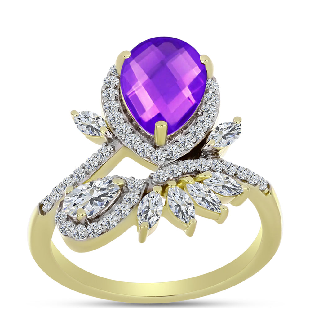 Inel din Argint 925 Placat cu Aur ( 3.22 grame ) cu Agat Violet și Topaz Alb 2.88 Carate 3 