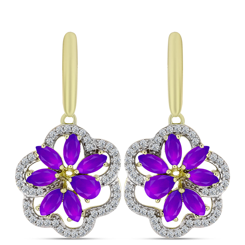 Cercei din Argint 925 Placat cu Aur ( 7.37 grame ) cu Agat Violet și Topaz Alb 4.44 Carate 1 